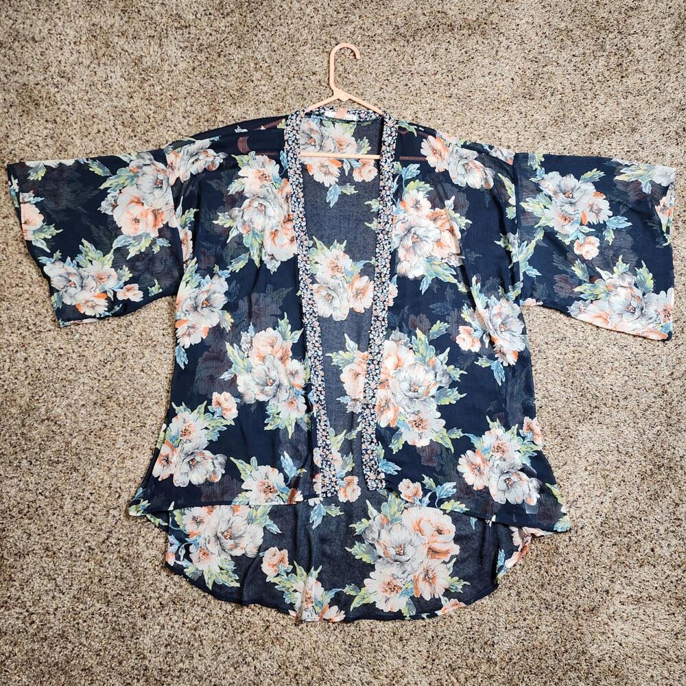 BOG Collective Navy Blue Floral Sheer Open Front Cardigan Kimono Medium Large